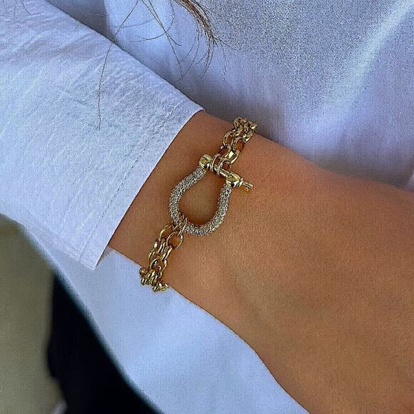 Gold Zircon Horseshoe Chain Link Bracelet Horse Lovers Gift - Picture 6 of 8